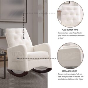 Modern Accent Rocking Chair, Button Tufted Upholstered Glider Rocker for Nursery, Comfy Armchair with Side Pocket, Lounge Chair with High Backrest for Living Room, Bedroom, Office (White Teddy)