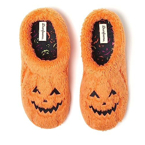 Dearfoams Unisex Spooky Fuzzy Halloween Jack o Lantern Slipper, Adult Pumpkin, 5-6 US Women