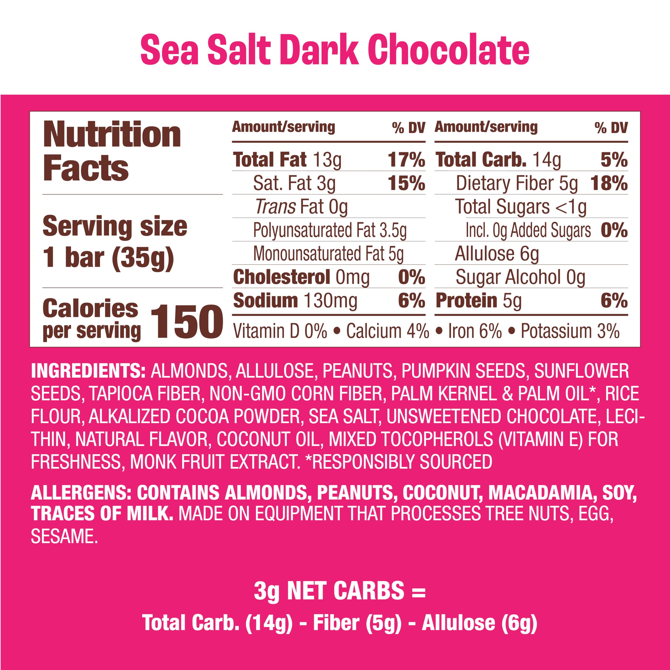 Munk Pack Nut & Seed Bar Sea Salt Dark Chocolate - 1g Sugar, Low Carb & Keto, 5g Protein - Gluten Free, Plant Based, Zero Added Sugar - Sweet & Salty Breakfast & Snack Bars, 24 Count
