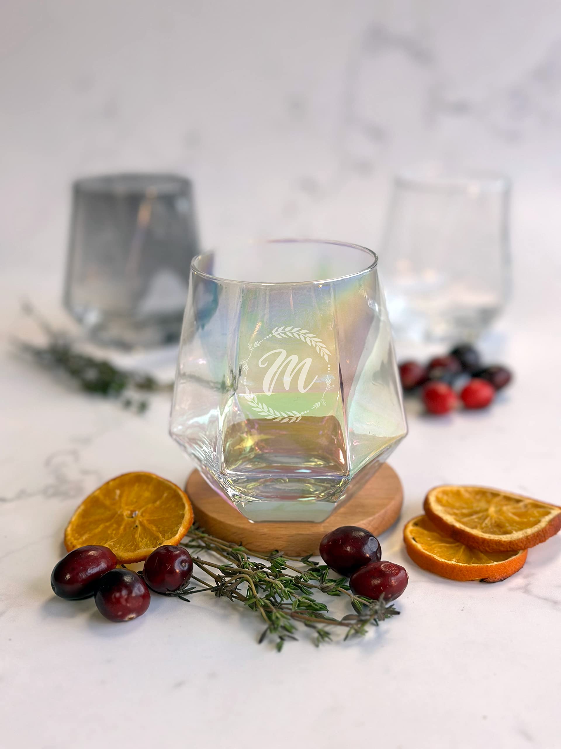 Customizable Monogram 11.5 Oz Etched Stemless Diamond Shaped Stemless Wine Glass Engraved Personalized with Initial and Name, Geometric Rocks Whiskey Glass (2 Pack)