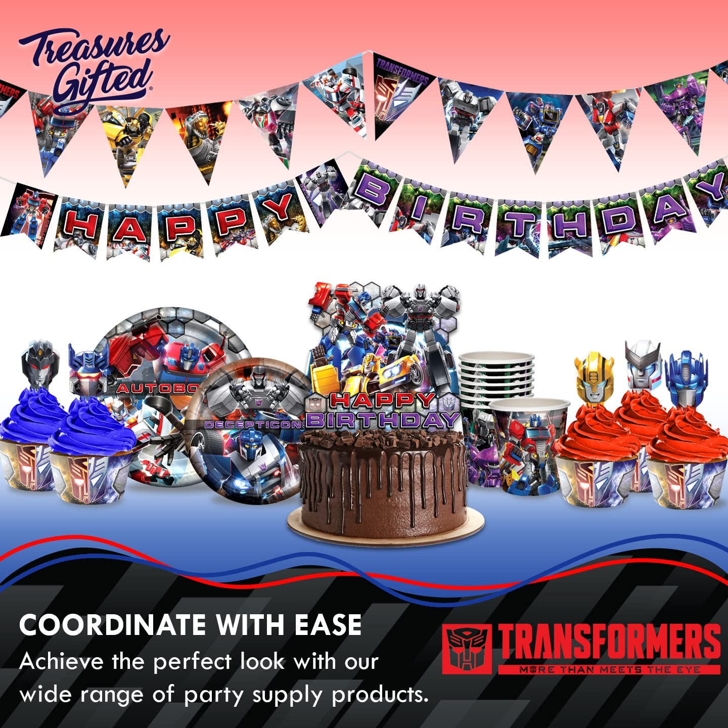 Treasures Gifted Officially Licensed Transformers Birthday Banner Set of 3 - (1) Transformers Banner & (2) Pennant Banners - Transformers Party Decorations - Transformers Party Supplies