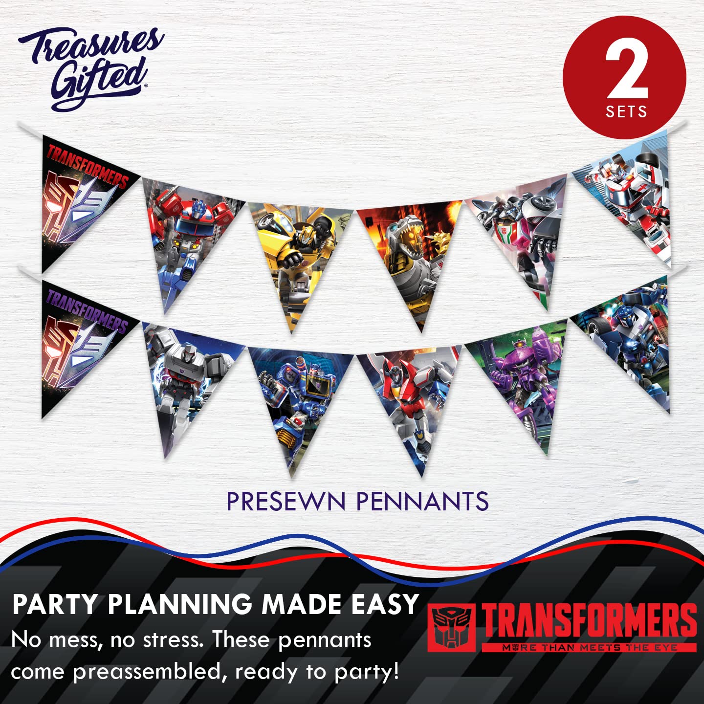 Treasures Gifted Officially Licensed Transformers Birthday Banner Set of 3 - (1) Transformers Banner & (2) Pennant Banners - Transformers Party Decorations - Transformers Party Supplies