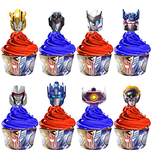 Treasures Gifted Officially Licensed Transformers Cupcake Toppers & Wrappers 24ct - Transformers Cake Decorations - Transformers Birthday Party Supplies - Transformers Birthday Decorations