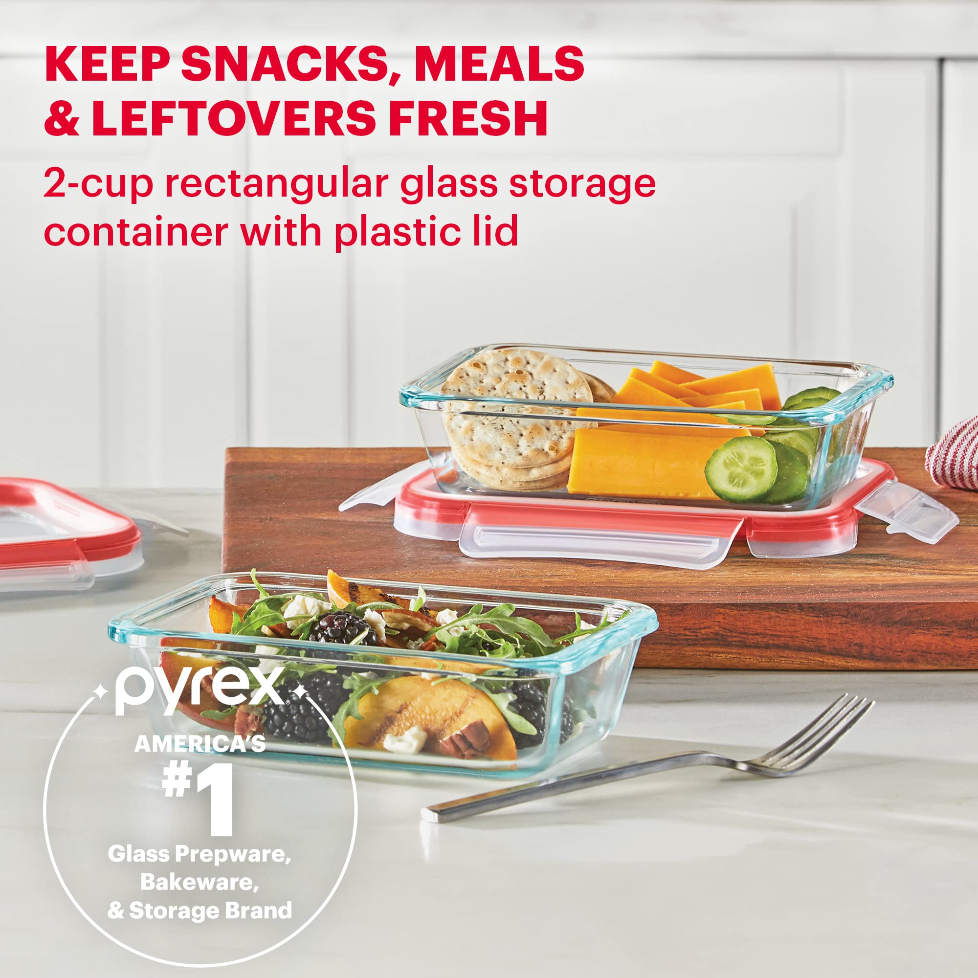 Pyrex Freshlock Glass Food Storage Container, Airtight & Leakproof Locking Lids, Freezer Dishwasher Microwave Safe, 2 Cup, Red