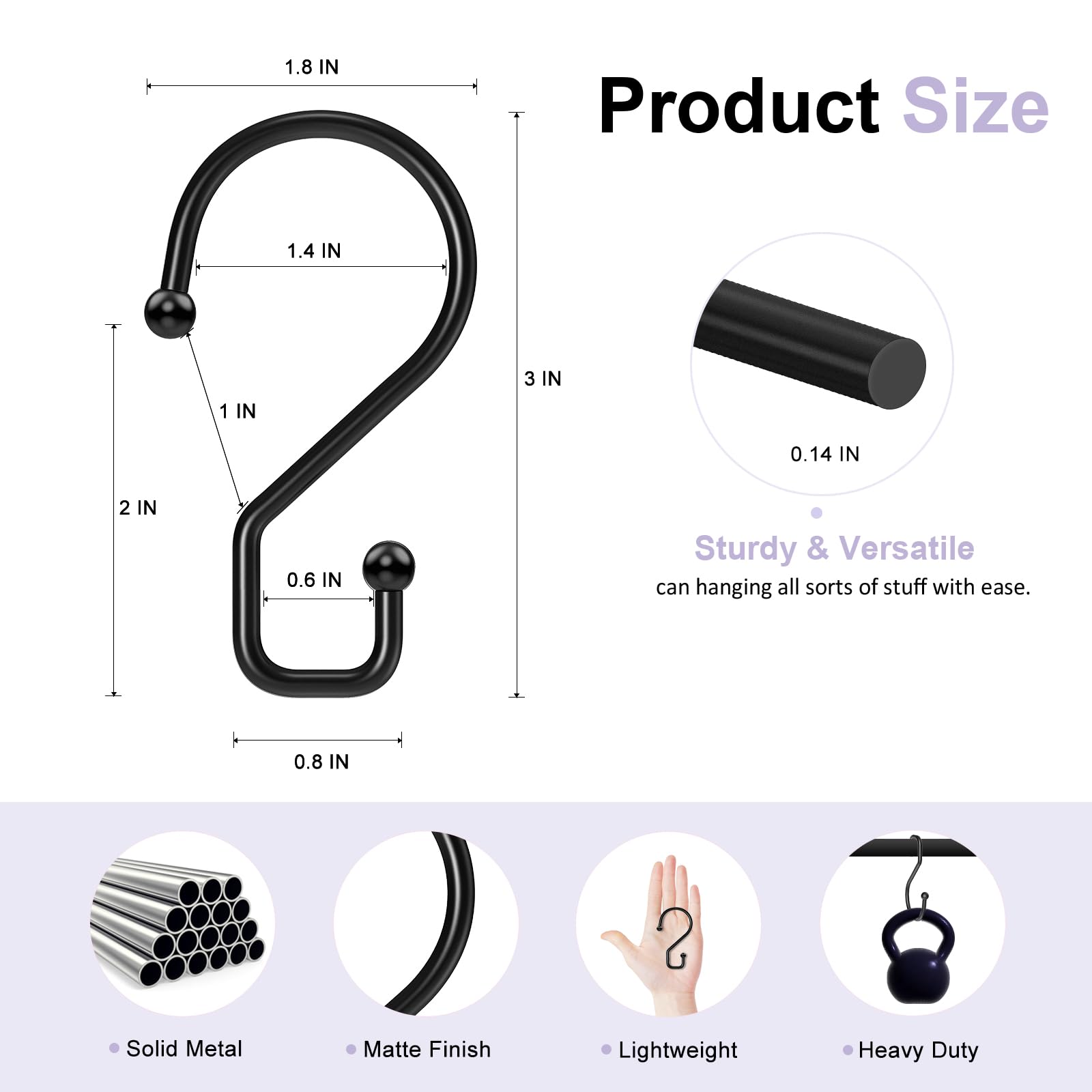 MEILIDY S Hooks, Reversible Black Metal S Shaped Hooks 3 Inch Small Closet S Hooks Heavy Duty S Hanging Hooks for Pots Pans Mugs Curtains Pants Purses Crafts Plants - 12 Pcs