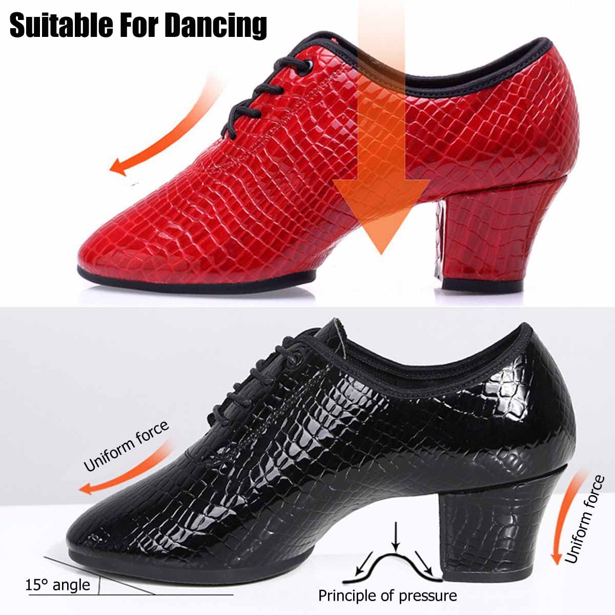 MSYINGL Women Latin Ballroom Dance Shoes,Stone Pattern Leather Lace Up Tap Shoes,Modern Salsa Practice Dance Shoes (Red 1,8.5)