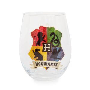 silver buffalo harry potter hogwarts crest 20-ounce stemless wine glass | wizarding world tumbler cup for mimosas, cocktails