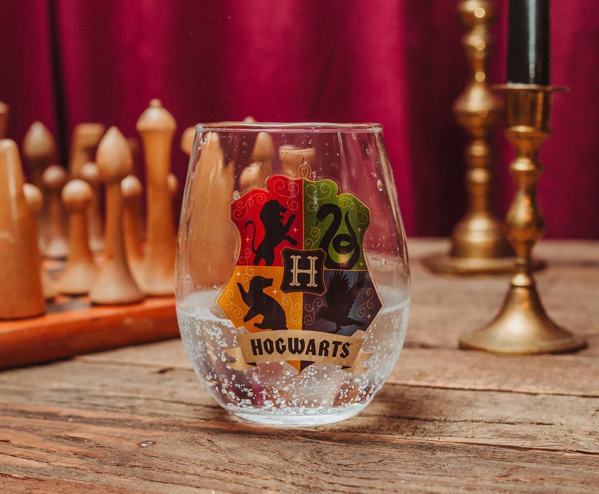 Silver Buffalo Harry Potter Hogwarts Crest 20-Ounce Stemless Wine Glass | Wizarding World Tumbler Cup For Mimosas, Cocktails