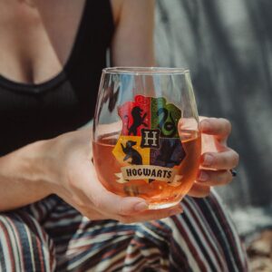 Silver Buffalo Harry Potter Hogwarts Crest 20-Ounce Stemless Wine Glass | Wizarding World Tumbler Cup For Mimosas, Cocktails