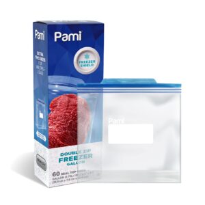 pami freezer zipper gallon bags [60 pieces] - leakproof food storage freshness-lock bags with expandable bottom- food-safe slider zipper bags