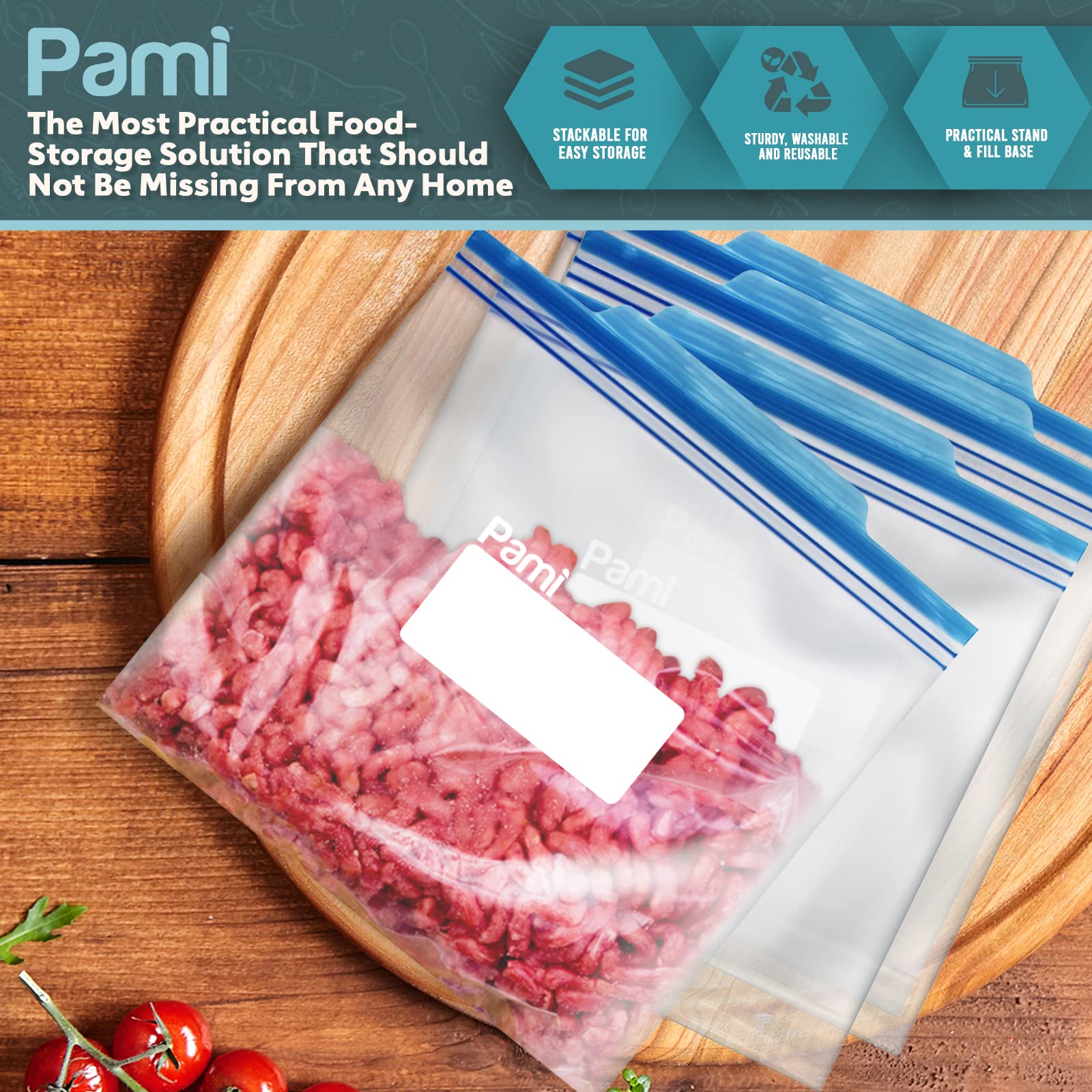 PAMI Freezer Zipper Gallon Bags [60 Pieces] - Leakproof Food Storage Freshness-Lock Bags With Expandable Bottom- Food-Safe Slider Zipper Bags