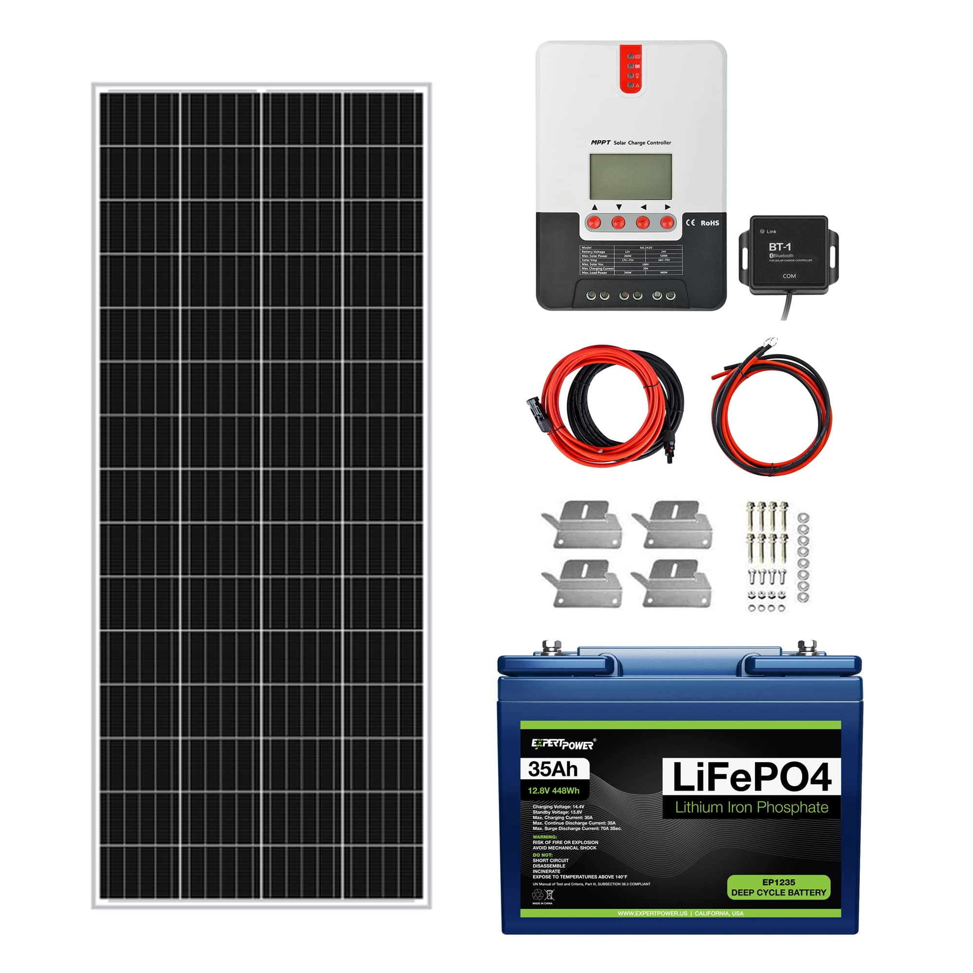 ExpertPower 210W 12V Solar Power Kit | 12V 35Ah LiFePO4 Lithium Batteries | 210W Mono Rigid Solar Panels, 20A MPPT Solar Charge Controller | RV, Trailer, Camper, Marine, Off Grid, Solar Projects