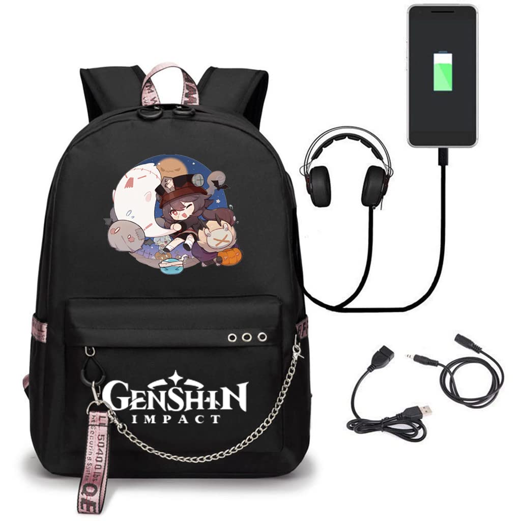 Genshin Impact Backpack Xiao Klee Rucksack Hu Tao Venti Bag with USB Charging Port, Free Keychain (G)