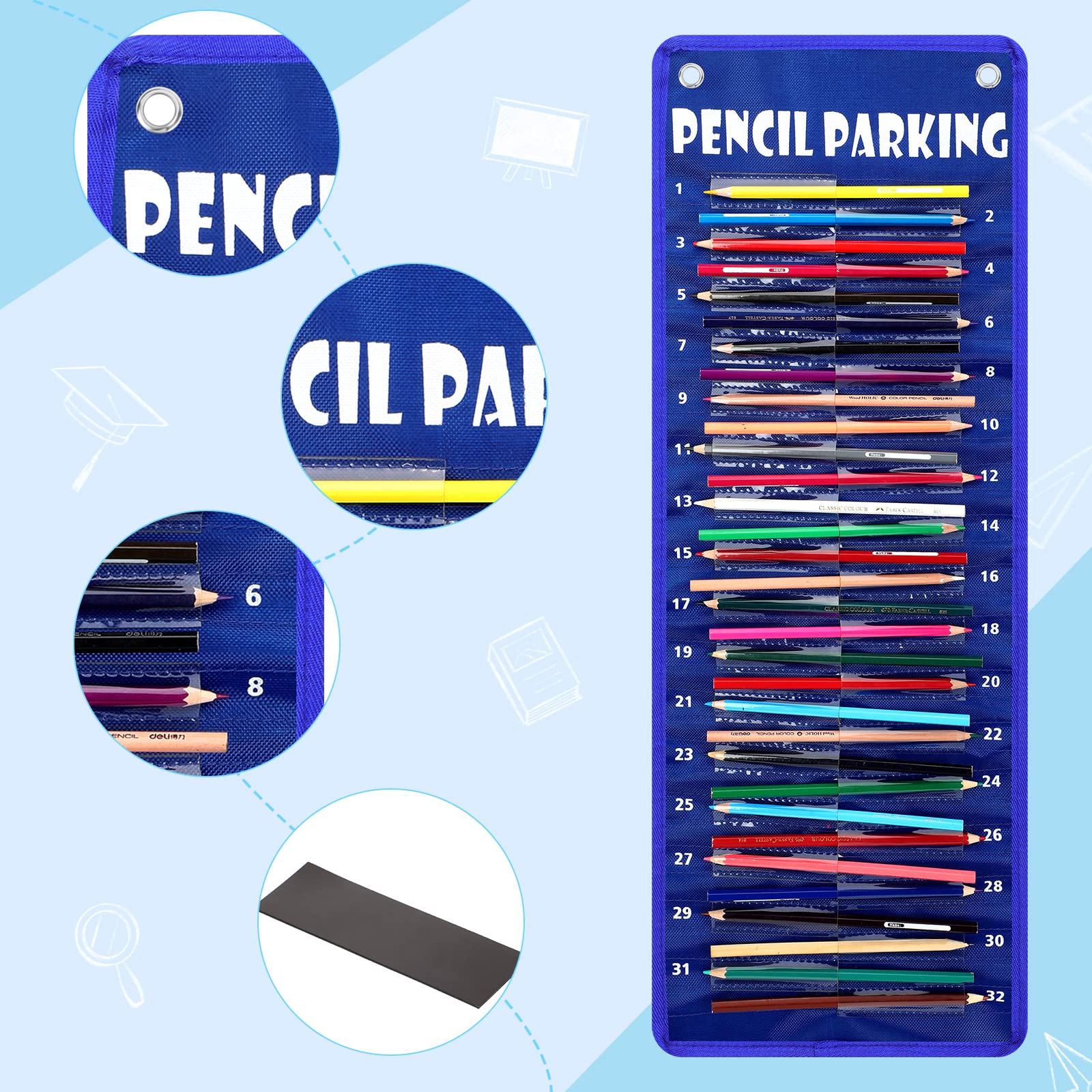 Pencil Pocket Chart Pencil Parking Pocket Chart Pencil Dispenser Organizer Holder Nylon Fabric with Grommets and Magnetic Strip for Kids Teachers Classroom School Storage Supplies (Simple)