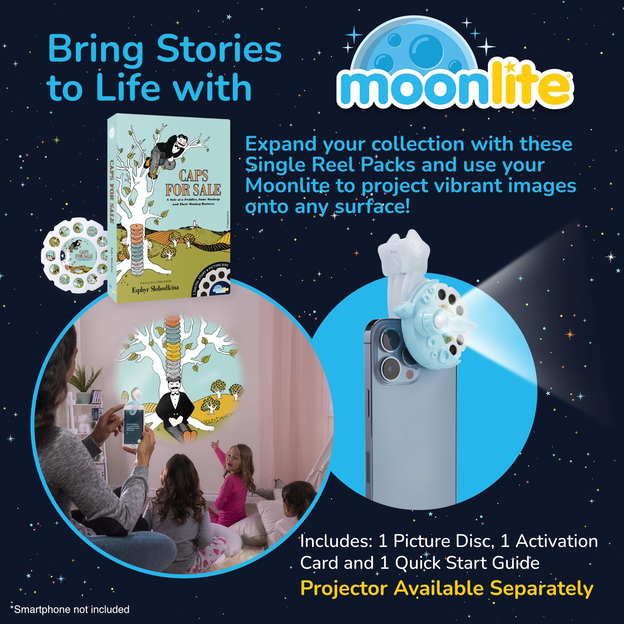 Moonlite Storytime Caps for Sale Storybook Reel, A Magical Way to Read Together, Digital Story for Projector, Fun Sound Effects, Learning Gifts for Kids Ages 1 Year and Up