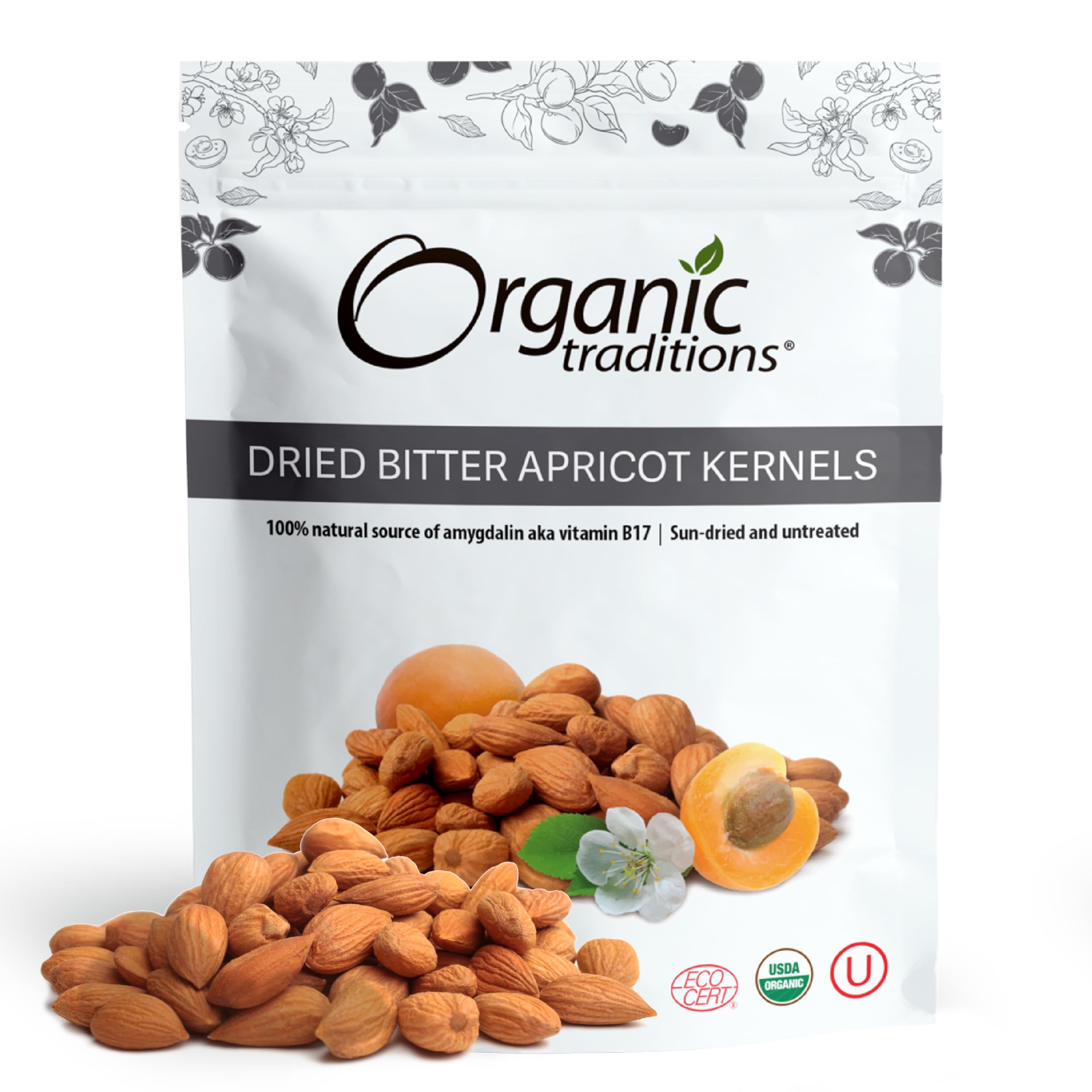 Organic Traditions Bitter Apricot Kernels (1Lb) 16oz, USDA Organic Apricot Seeds