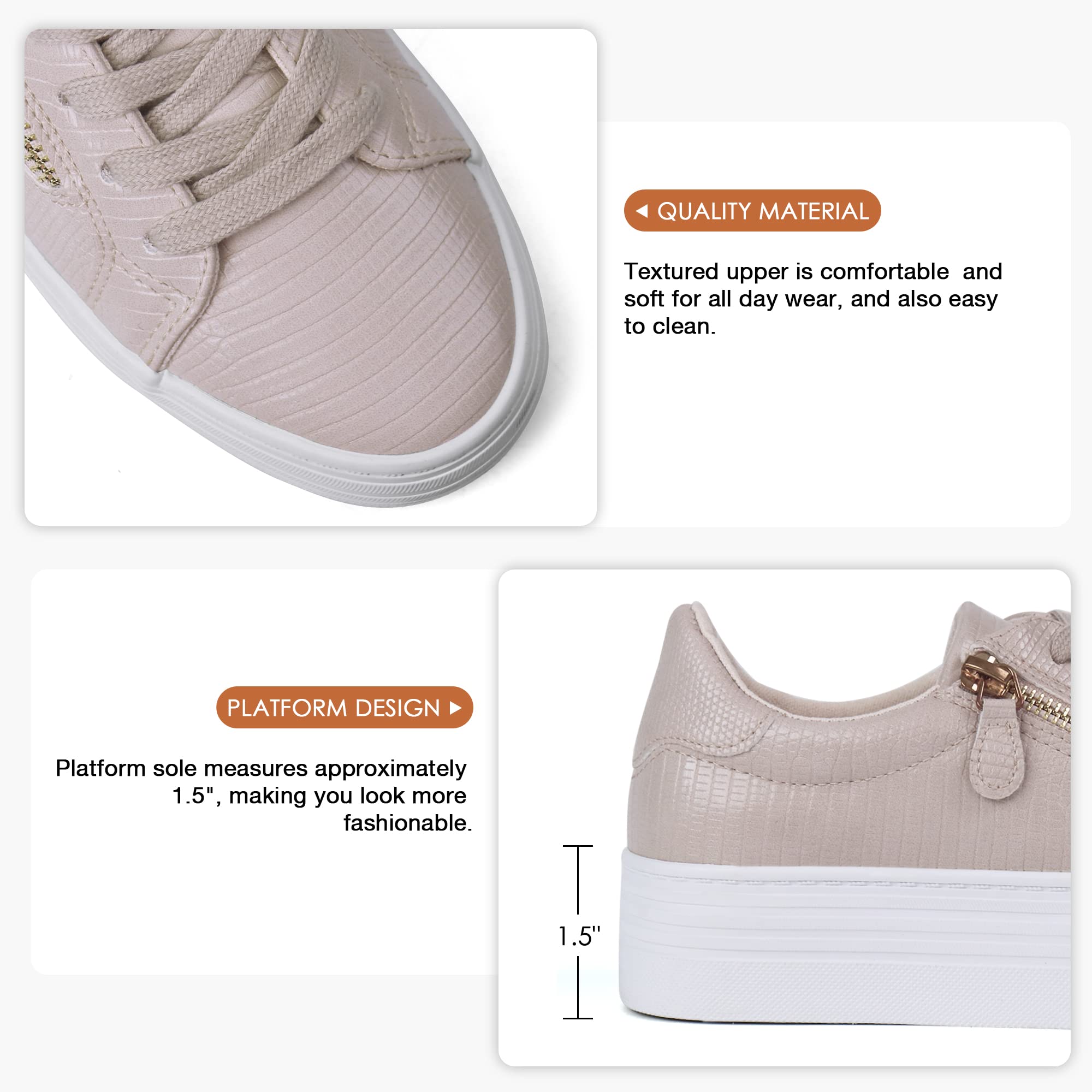 JABASIC Women Lace Up Platform Sneakers Casual Walking Shoes Low top Fashion Sneakers (8,Beige)