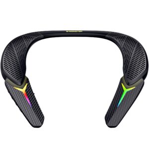 monster stinger neck speaker, neckband bluetooth speaker with 10h playtime, true 3d stereo sound, low latency, rgb lights, built-in mic, wireless wearable speaker for gaming movies music, lightweight