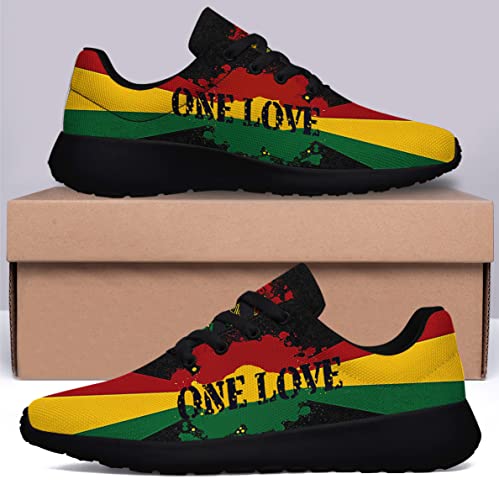 One Love Rasta Reggae Shoes Men Women Running Sneakers Breathable Casual Sport Tennis Shoes Gift for Him Her Black Size 7