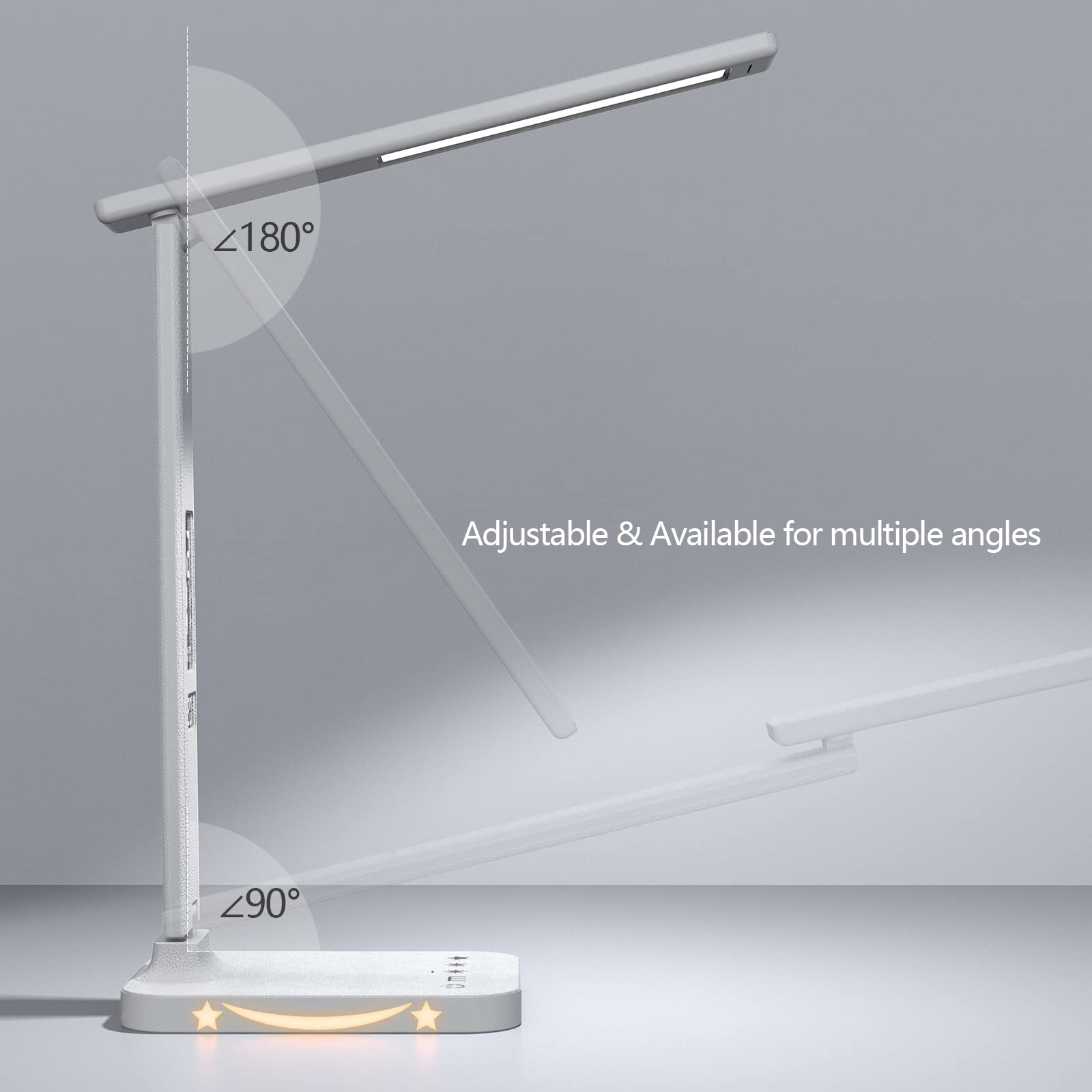 BMQJCBO White LED Desk Lamp for Study Home Office with 10W Charger & USB Port,LCD Display with Calendar Date Temperature Zoning Display, Extra Night Light Functio