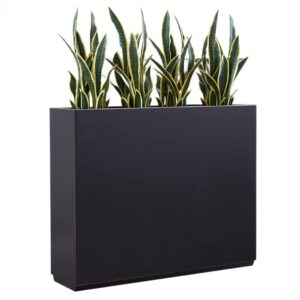 wallowa metallic heavy planter for outdoor plants, 38lx10wx30h inches tall and long metal divider planter box with hand brushed gold edge for outside & indoor, 66 pounds (black)
