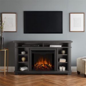 BOWERY HILL Solid Wood & Steel Electric Fireplace in Gray Finish