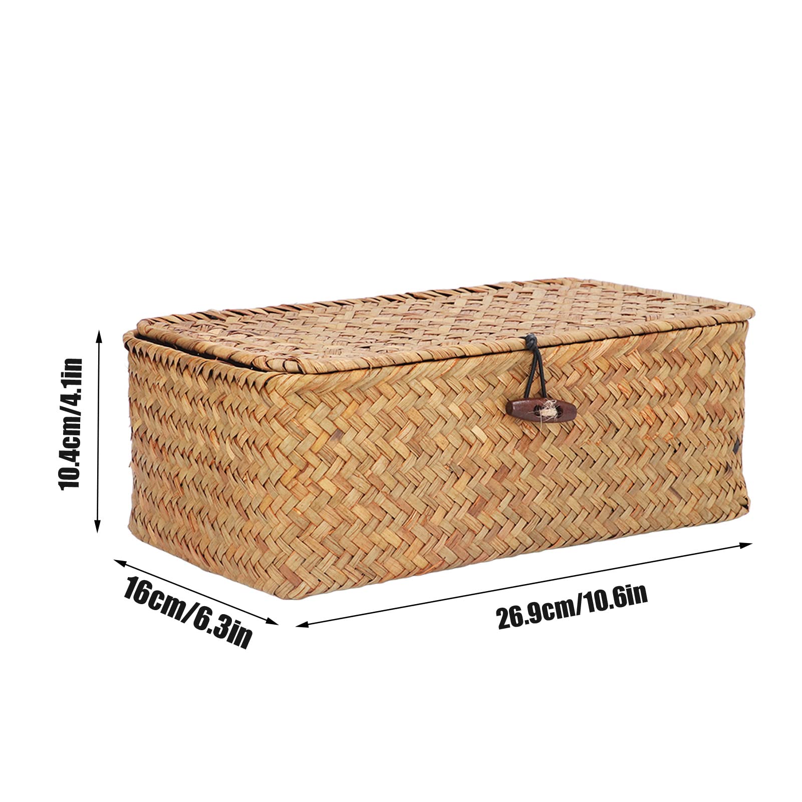 CHICIRIS Seagrass Basket with Lid, Wicker Storage Basket with Lid Hand Woven Rectangular Shelf Organizer Box Organizing Bin for Home Living Room Bedroom (Caramel) (M)
