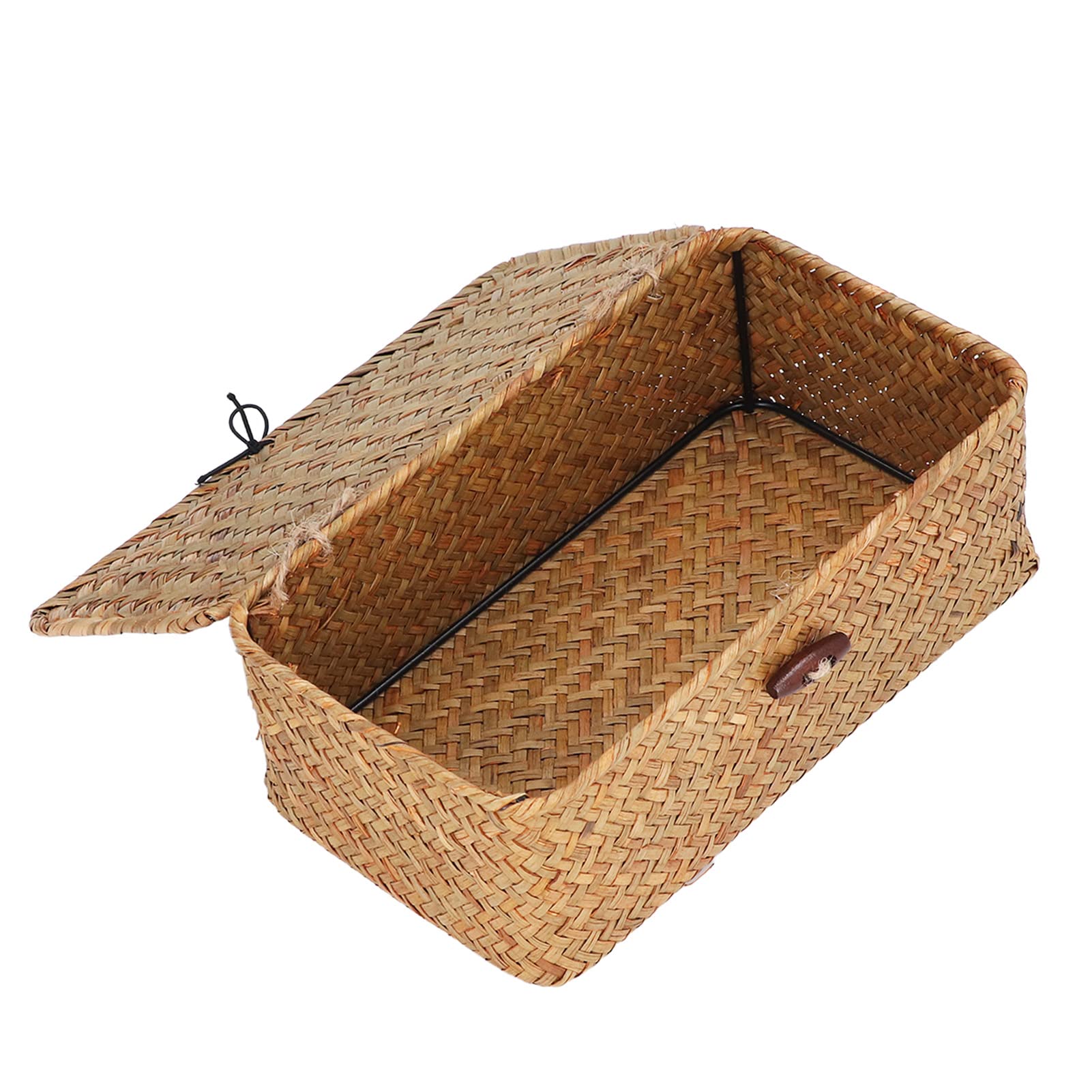 CHICIRIS Seagrass Basket with Lid, Wicker Storage Basket with Lid Hand Woven Rectangular Shelf Organizer Box Organizing Bin for Home Living Room Bedroom (Caramel) (M)