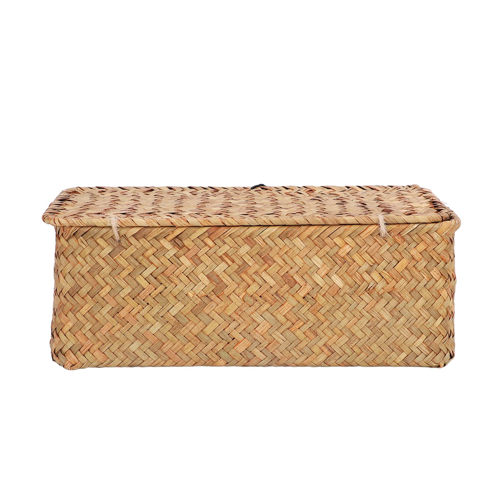 CHICIRIS Seagrass Basket with Lid, Wicker Storage Basket with Lid Hand Woven Rectangular Shelf Organizer Box Organizing Bin for Home Living Room Bedroom (Caramel) (M)