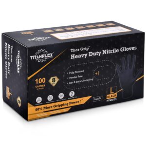 TITANflex Thor Grip Heavy Duty Black Industrial Nitrile Gloves, 8-mil, Large, Box of 100, Latex Free, Raised Diamond Texture, Powder Free, Food Safe, Rubber Gloves, Mechanic Gloves