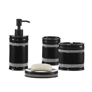 motifeur bathroom accessories set, 4-piece ceramic bath accessory complete set with lotion dispenser/soap pump, tumbler, soap dish and toothbrush holder (rhinestones, black)