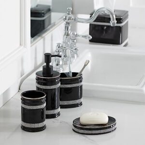 Motifeur Bathroom Accessories Set, 4-Piece Ceramic Bath Accessory Complete Set with Lotion Dispenser/Soap Pump, Tumbler, Soap Dish and Toothbrush Holder (Rhinestones, Black)