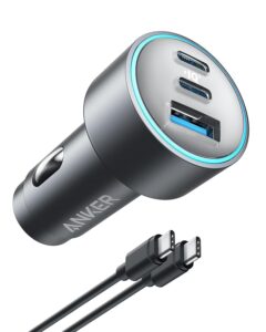 anker usb-c car charger, 67w 3-port compact fast charger, 535 car adapter with piq 3.0 for iphone 15/15 plus/15 pro/15 pro max, galaxy s23, macbook pro, ipad air, and more (usb-c to c cable included)