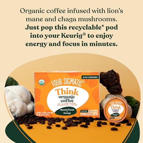 Four Sigmatic Mushroom Coffee K-Cups | Organic and Fair Trade Dark Roast Coffee with Lion’s Mane Mushroom Powder & Yacon | Focus & Immune Support | Vegan & Keto | Sustainable Pods | 12 Count