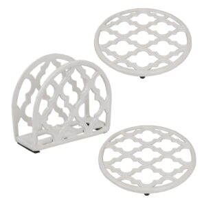 cast iron kitchen pantry ware bundle (3-piece set) white | includes napkin holder, 2 trivets for hot pots and pans | lattice collection | by home basics