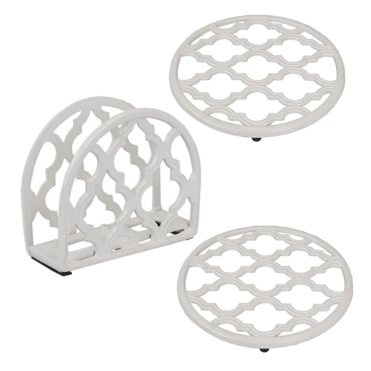 Cast Iron Kitchen Pantry Ware Bundle (3-Piece Set) White | Includes Napkin Holder, 2 Trivets for Hot Pots and Pans | Lattice Collection | by Home Basics