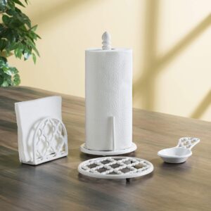 Cast Iron Kitchen Pantry Ware Bundle (3-Piece Set) White | Includes Napkin Holder, 2 Trivets for Hot Pots and Pans | Lattice Collection | by Home Basics