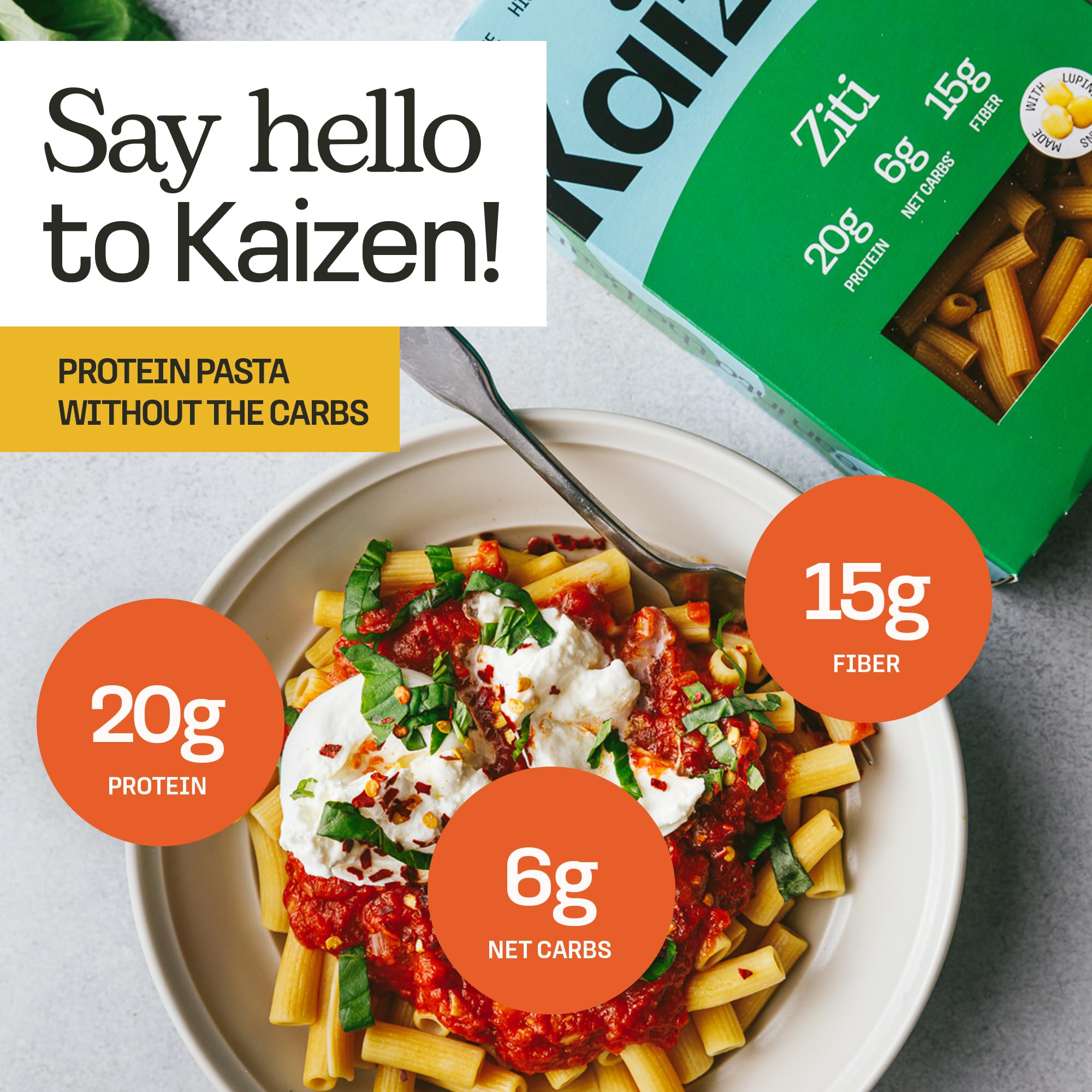 Kaizen Low Carb Keto Pasta Ziti - High Protein (20g), Gluten-Free, Keto-Friendly (6g Net), Plant-Based Lupini Noodles made w/High Fiber Lupin Flour - 8 ounces (Pack of 3)