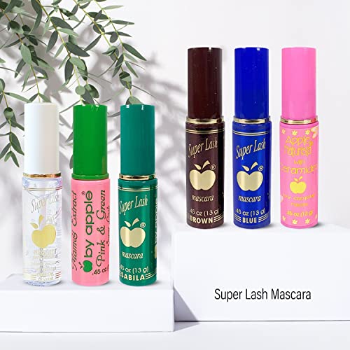 DEALPLUSDEAL APPLE Super Lash Mascara Promote Growth Natural Volume Full Lashes Length Intense Long Lasting Volumizing Lengthening Eye Makeup 5 Pcs, 3 Black + 1 Blue + 1 Brown + 1 Clear, 0.4586 Ounce