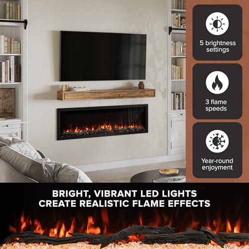 Modern Ember Highmark 60 Inch Smart Linear Electric Fireplace - Premium Flame with 10 Colors, Sleek Hidden Vent Design, Install Recessed in-Wall or Wall-Mount, WiFi and Voice-Enabled