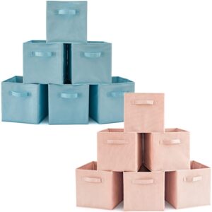 ezoware set of 12 foldable basket bin collapsible storage cube for nursery, kids toys organizer, shelf cabinet - ( pale dogwood + light blue)