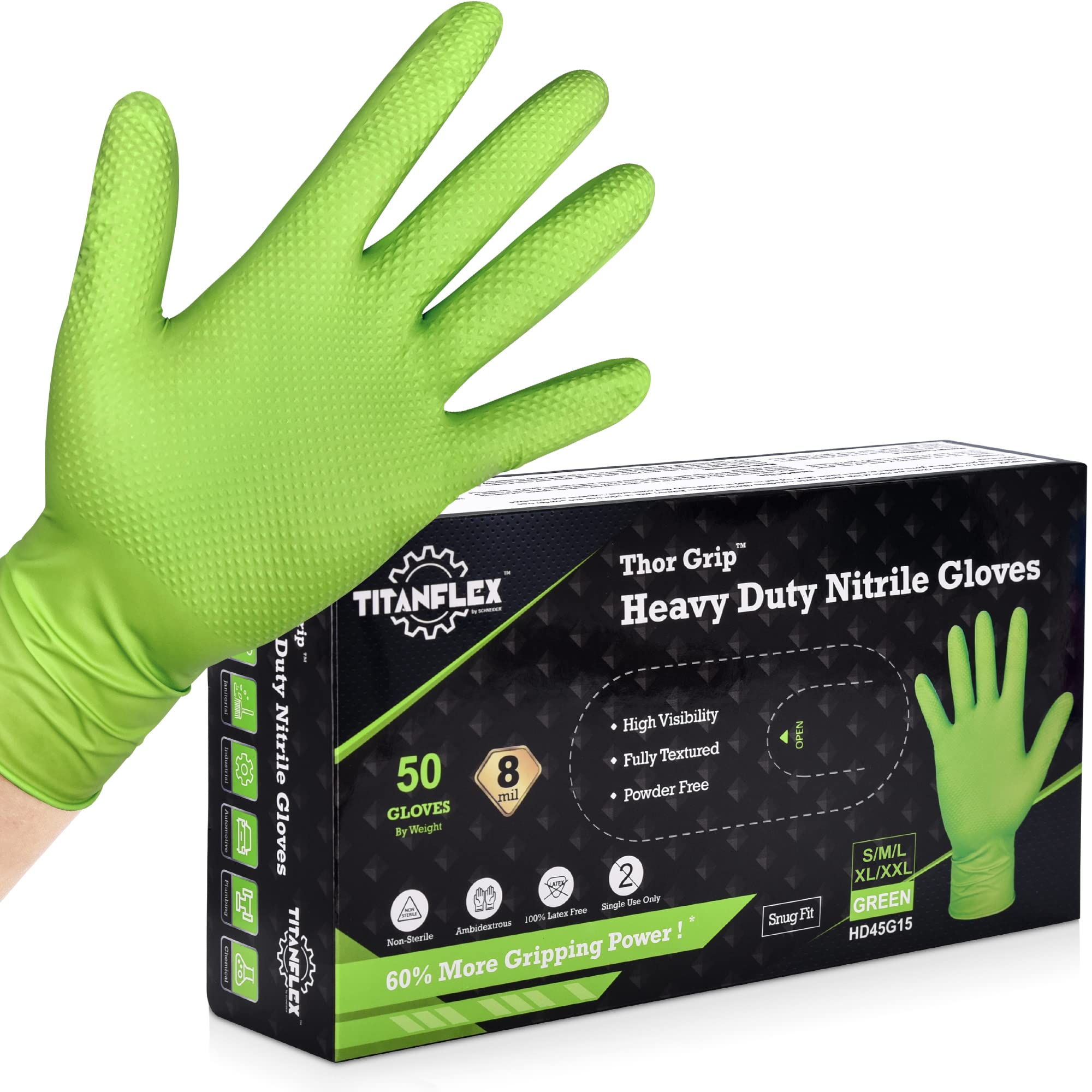 TITANflex Thor Grip Heavy Duty Green Industrial Nitrile Gloves, 8-mil, Large, Box of 50, Latex Free, Raised Diamond Texture Grip, Powder Free, Food Safe, Rubber Gloves, Mechanic Gloves