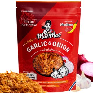 maemai medium spice (spicy) - crispy onions & garlic flakes - crunchy all-purpose seasoning, keto, salad toppings, fried onions - ramen, rice seasoning, vegan, gluten-free | 75g