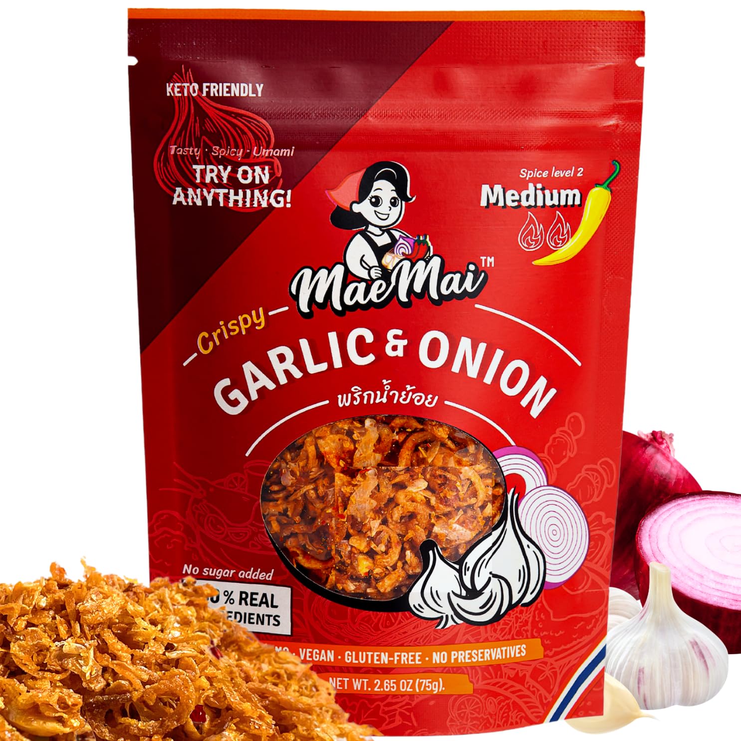 MaeMai Medium Spice (SPICY) - Crispy Onions & Garlic Flakes - Crunchy All-Purpose Seasoning, Keto, Salad Toppings, Fried Onions - Ramen, Rice Seasoning, Vegan, Gluten-free | 75g