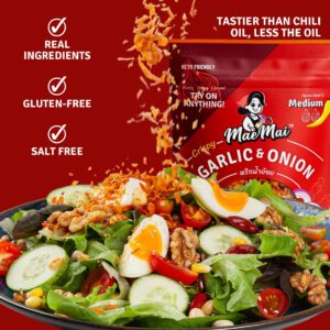 MaeMai Medium Spice (SPICY) - Crispy Onions & Garlic Flakes - Crunchy All-Purpose Seasoning, Keto, Salad Toppings, Fried Onions - Ramen, Rice Seasoning, Vegan, Gluten-free | 75g