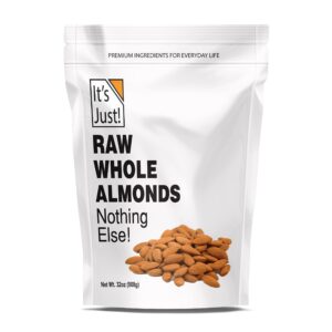 it's just - raw whole almonds, grown in california, 32oz (2lbs), unsalted, premium quality, supreme grade, naturally semi sweet, made in usa