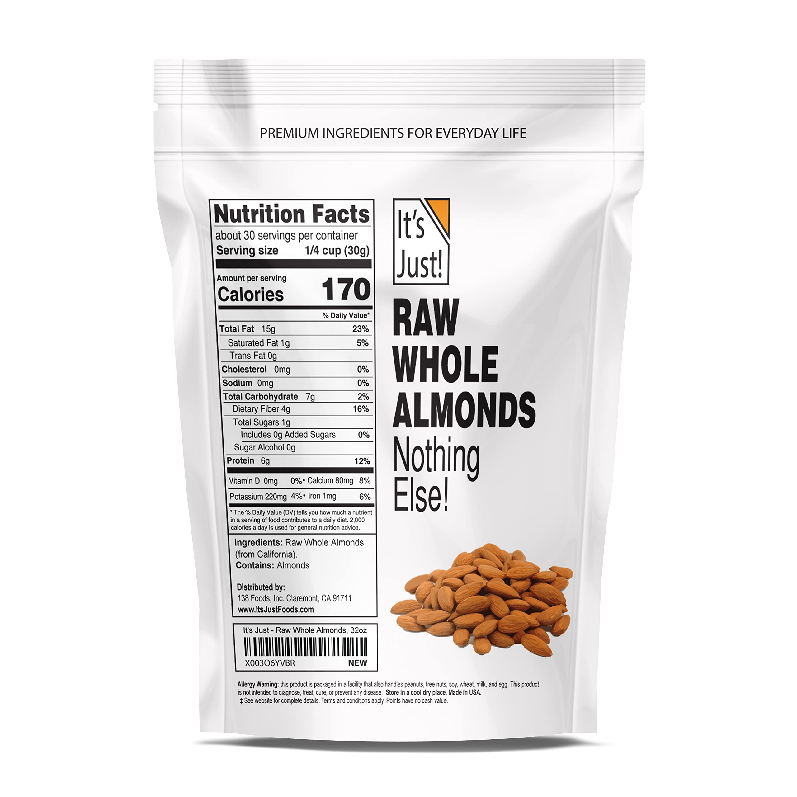 It's Just - Raw Whole Almonds, Grown in California, 32oz (2lbs), Unsalted, Premium Quality, Supreme Grade, Naturally Semi Sweet, Made in USA