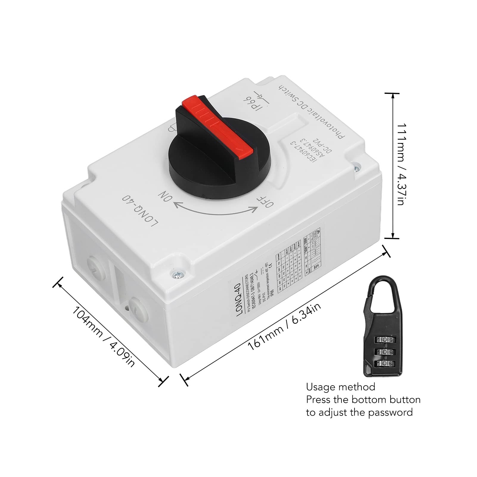 PV Solar Disconnect Switch, LONQ 40 DC Isolator Solar Switch IP66 Waterproof DC1000V 32A 4P Disconnect Switch for Solar Photovoltaic Systems