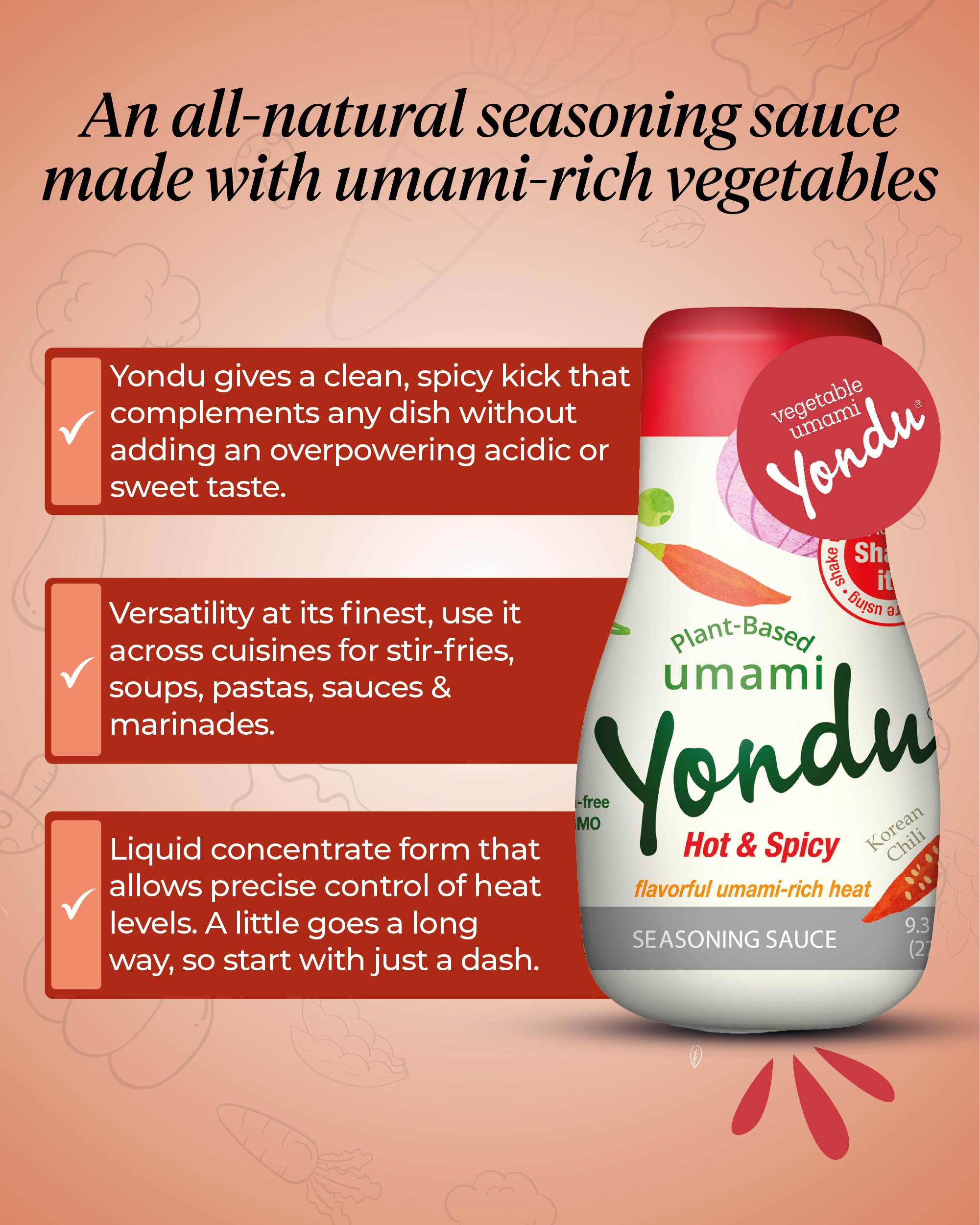 Yondu Hot & Spicy - Plant-Based Spicy Seasoning Sauce – Flavorful umami rich heat to awaken your palate. Better Than: Fish Sauce, Soy Sauce, Bouillon (9.3 Fl oz)