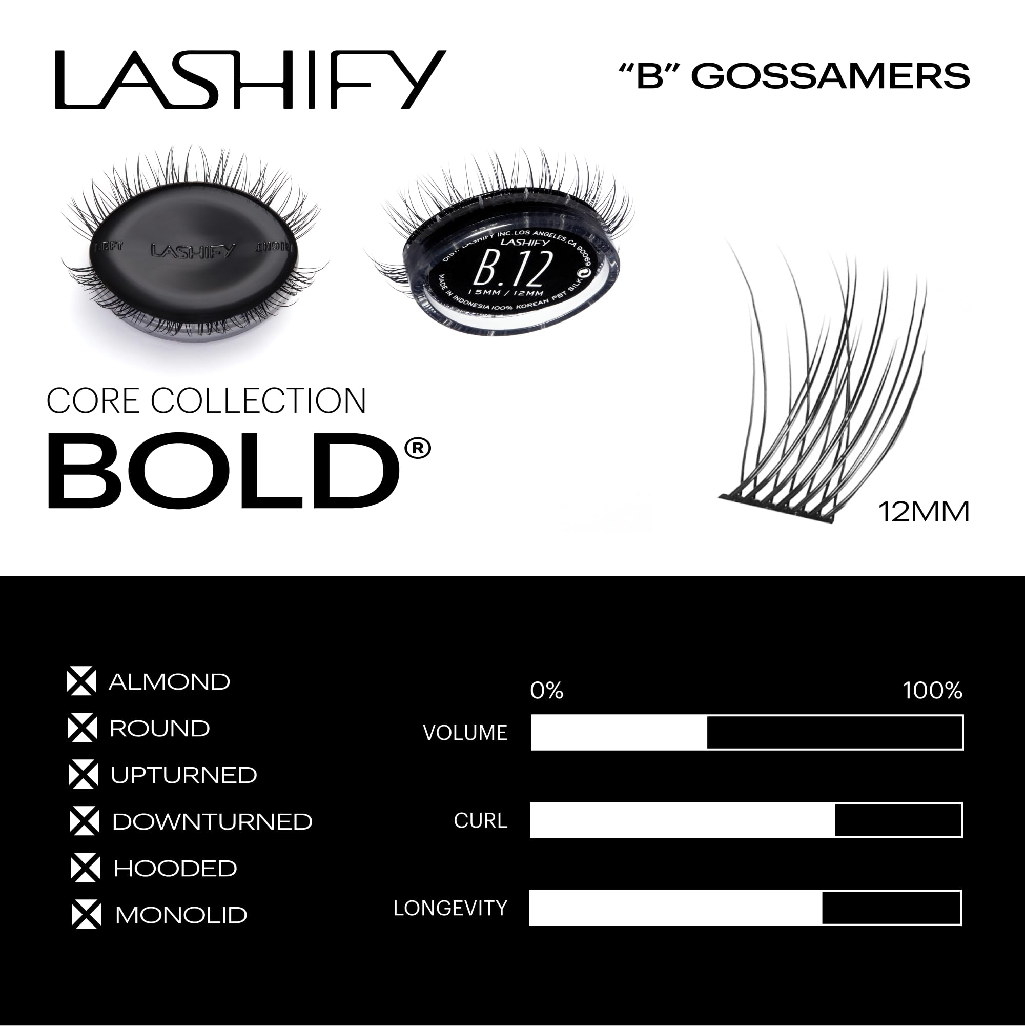 Lashify Bold 12mm Gossamer DIY Eyelash Extensions Refill, Black, Easy False Eyelashes for a Natural Look